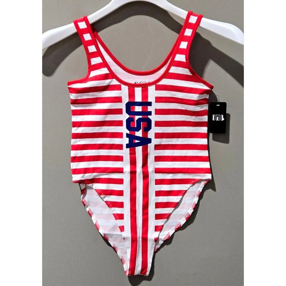 Isaac Morris Red & White Striped Patriotic USA Print Pull On Bodysuit -- Size XS - Picture 2 of 7